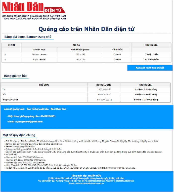Giá quảng cáo trên báo nhân dân điện tử