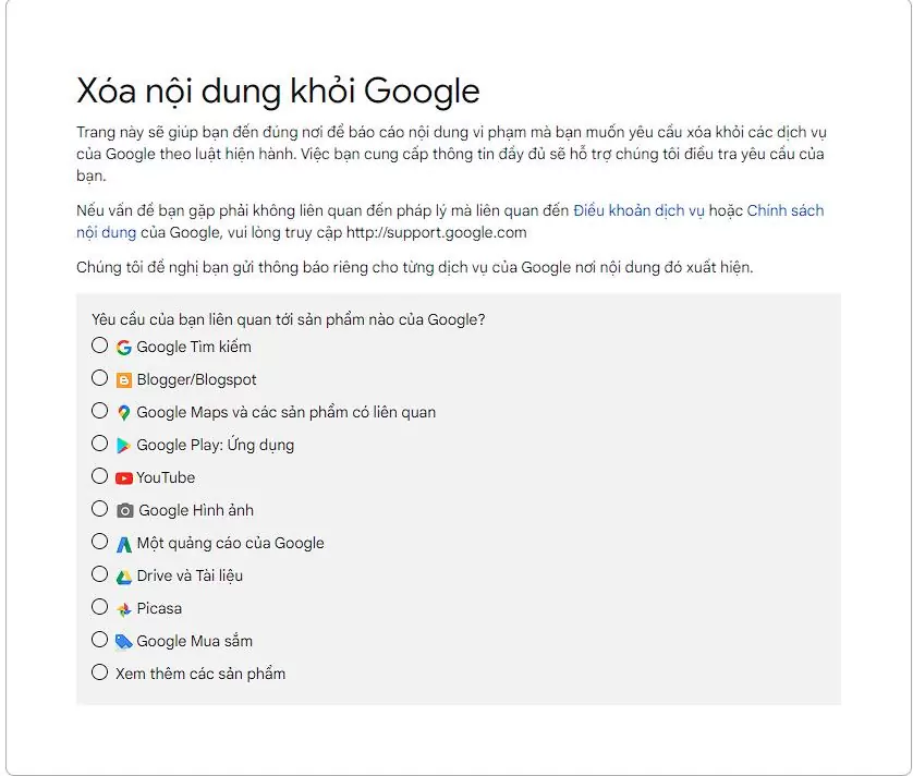 yêu cầu xóa nội dung vi phạm