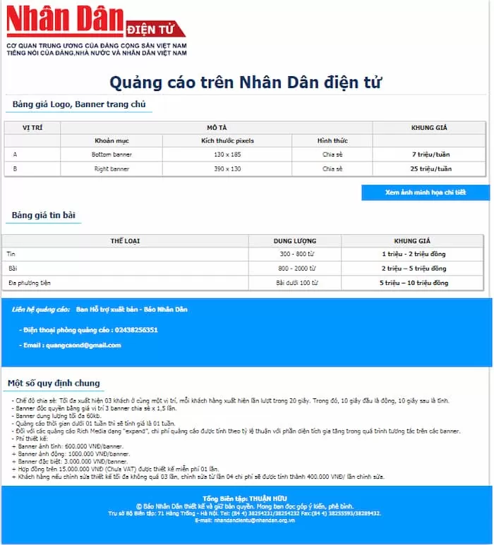 Giá quảng cáo trên báo nhân dân điện tử
